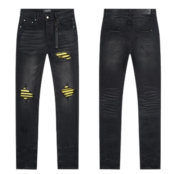Black Distressed Denim Jeans with Yellow Striped Patches